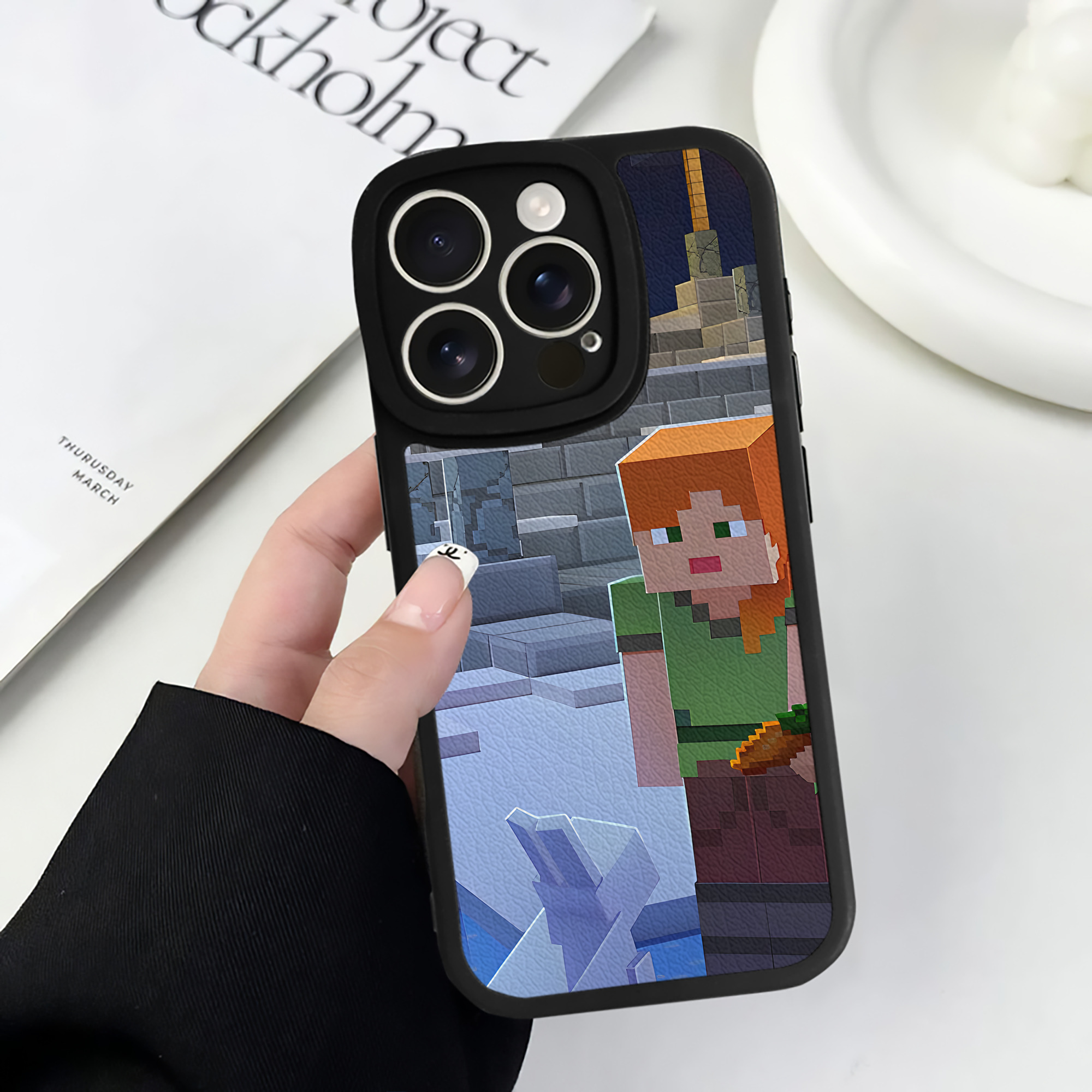 （画像用） マインクラフト ブロックの世界 Minecraft MC Block world 【iPhone 16シリーズ対応】シリコンスマホケース（レザー調） 材質：シリコン